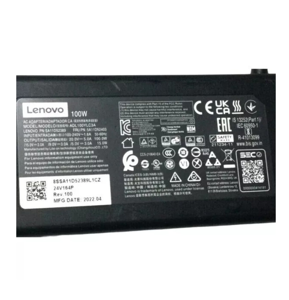 Genuine Lenovo (ADL100YLC3A) 20V-5.0A, 100W Type C USB-C Charger With Lead