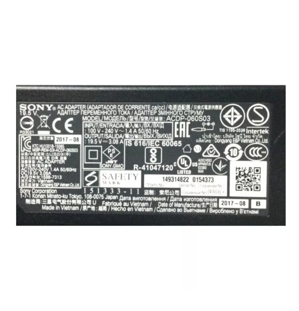 GENUINE SONY BRAVIA CHARGER 19.5V - 3.08A, 60W (ACDP-060S03) WITH POWER LEAD