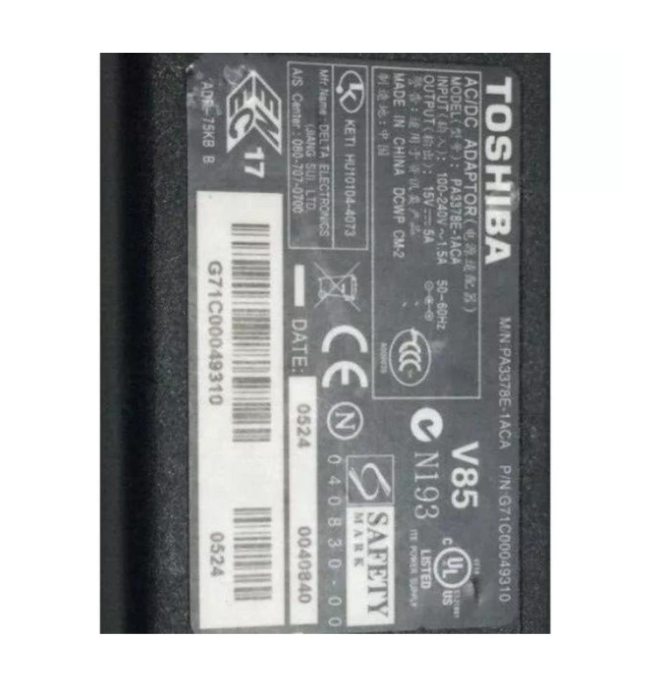 Genuine Toshiba Laptop Charger 15V - 5A 75W with Power Lead