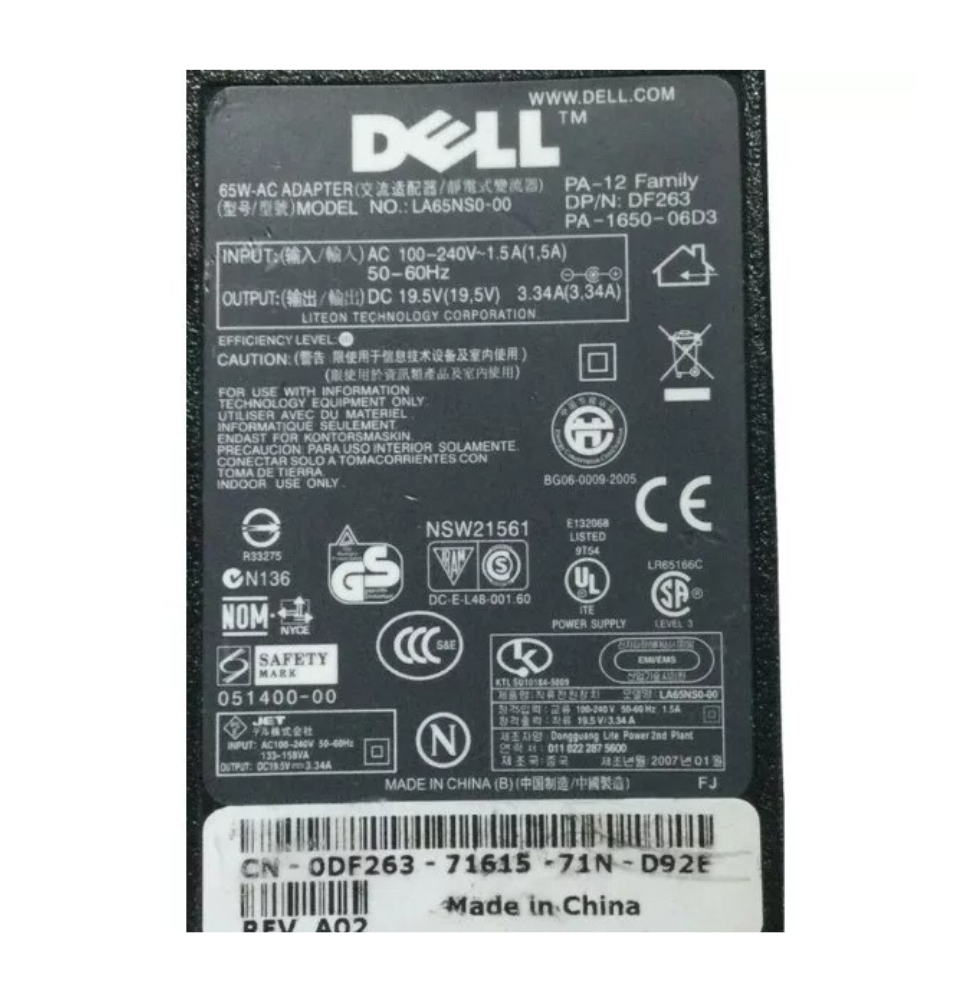 GENUINE DELL CHARGER 19.5V - 3.34A, 65W (PA-12 FAMILY) WITH POWER LEAD