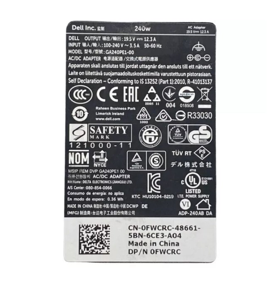 GENUINE DELL LAPTOP CHARGER 19.5V - 12.3A, 240W (GA240PE1-00) WITH POWER LEAD