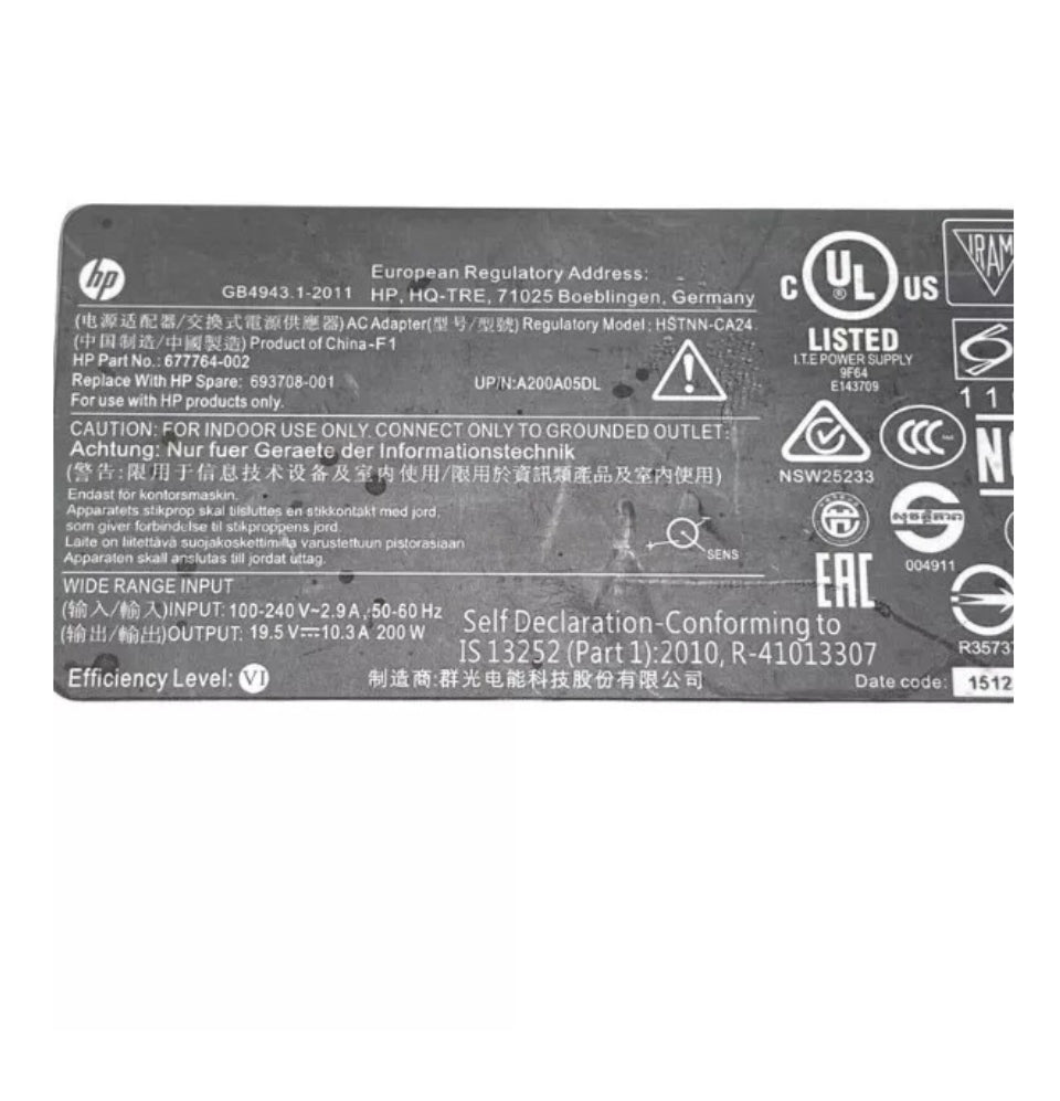 GENUINE HP CHARGER 19.5V - 10.3A, 200W WITH POWER LEAD