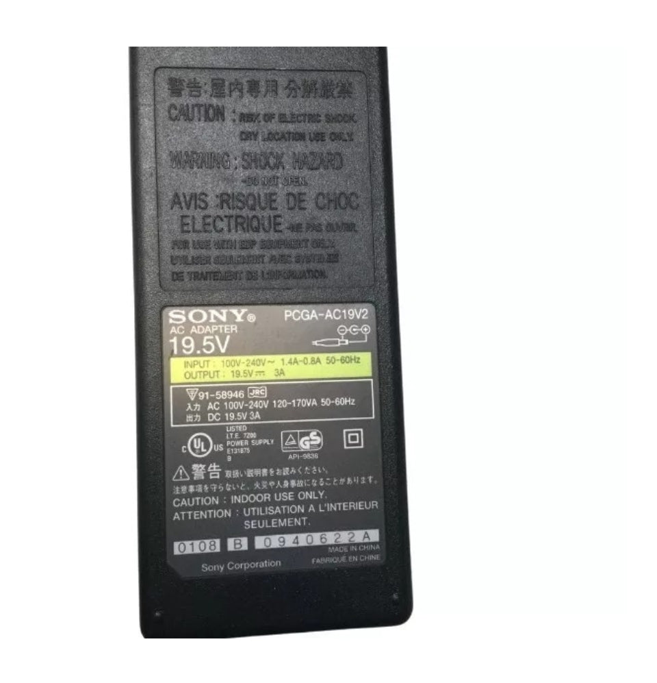 GENUINE SONY LAPTOP CHARGER 19.5V - 3A, 58.5W (PCGA-AC19V2) WITH POWER LEAD